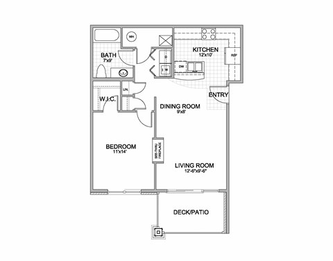 the 1-bedroom Aura flat floorplan at Grand Legacy in West Omaha, NE